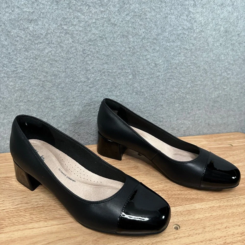 Clarks Iridessa May Black Leather Cap Toe Block Heel Pumps Womens 9.5‎ M